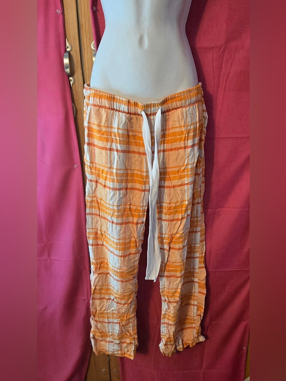Women's Orange Plaid Cotton Sleep Pants with Drawstring; Tennessee T On Side